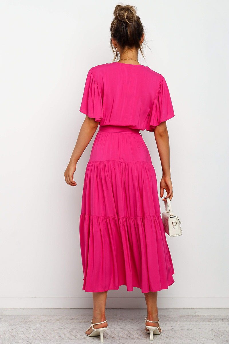 V Neck Tie Waist Short Sleeve Maxi Dress