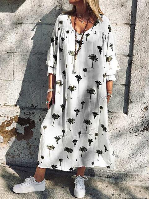 Plant Print Mid Sleeved Maxi Dress