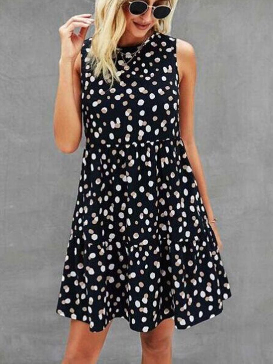 Sleeveless Round Neck Polka Dot Mini Dress