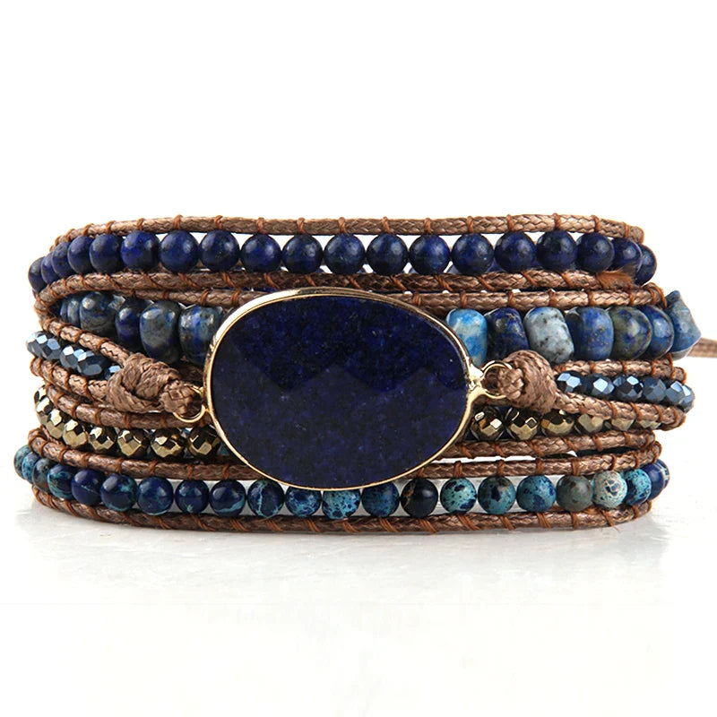 Boho Bracelet - RH 5-Layer Leather Wrap with Oval Jasper Natural Stones