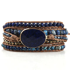 Boho Bracelet - RH 5-Layer Leather Wrap with Oval Jasper Natural Stones