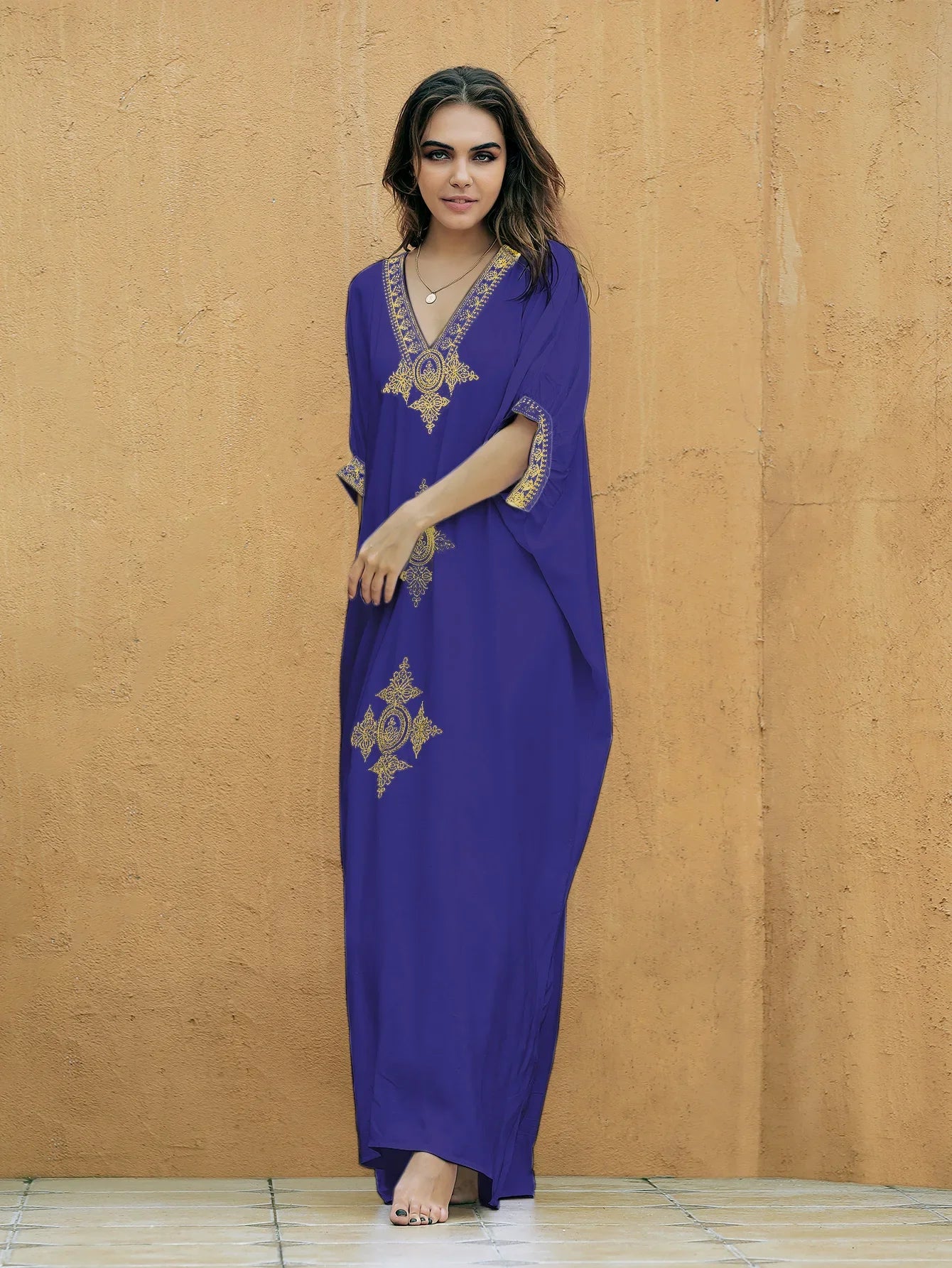 Boho Maxi Dress - Beach Dress, Kaftan Dress Vintage Embroidered in Liliana Navy