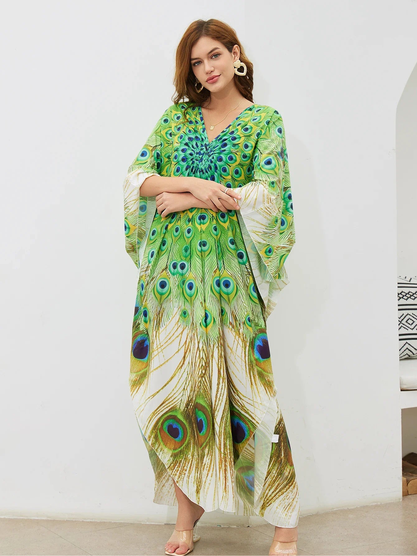 Boho Maxi Dress - Beach Dress, Kaftan Dress Vintage Embroidered in Danica Green Peacock