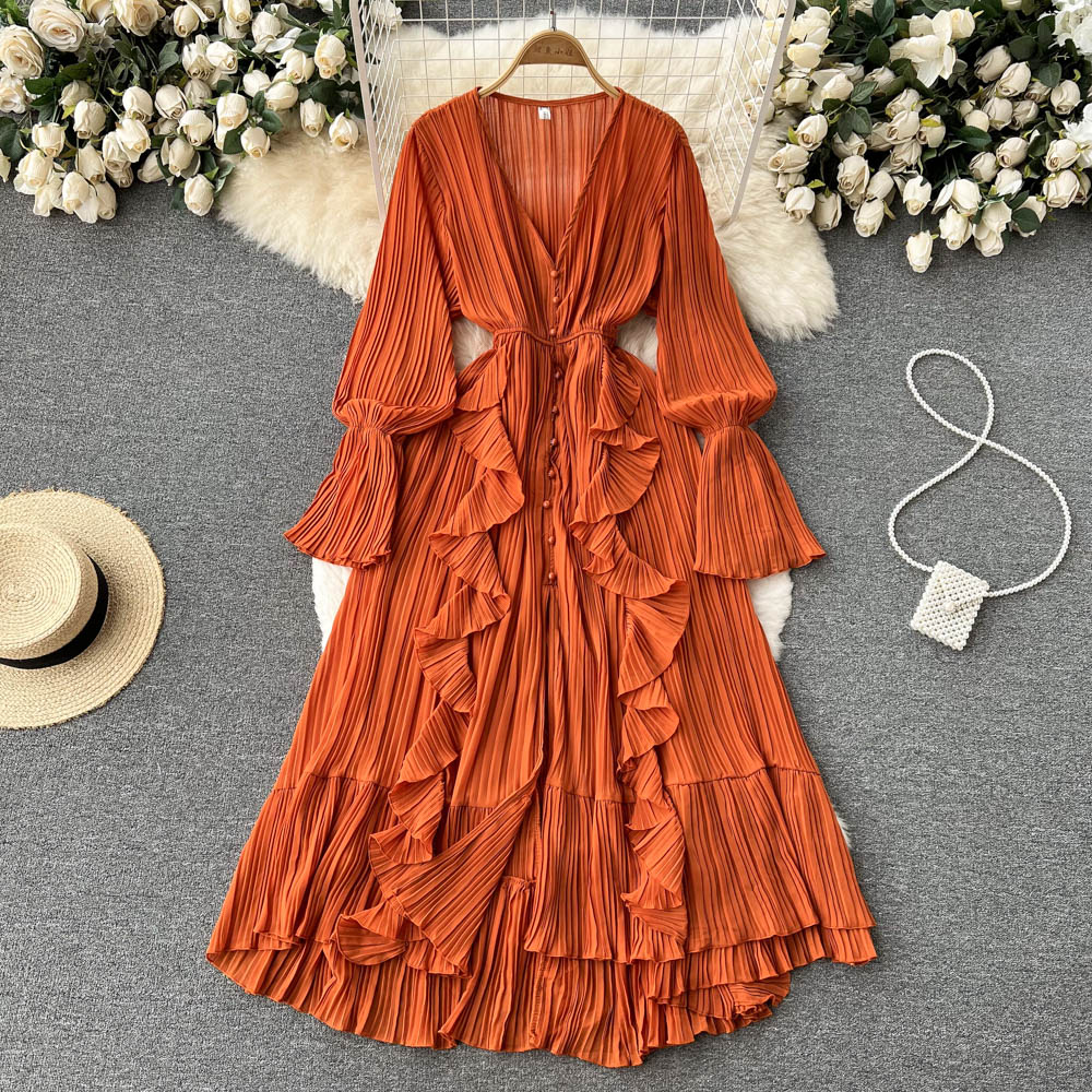 Maxi Dress, Boho Vintage Pleated Dress, Josephine Gown in Blue, Yellow, Orange and Pink
