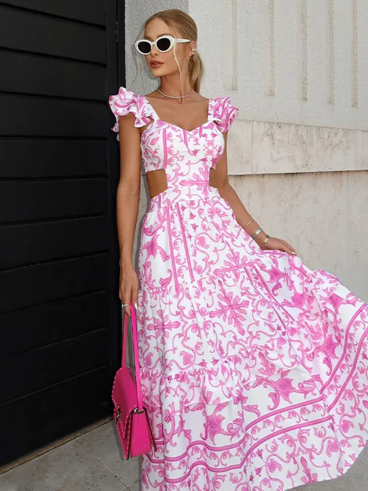 Boho Beach Dress - Backless Summer Vacation Vibes - Pink Wine Flower