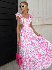 Boho Beach Dress - Backless Summer Vacation Vibes - Pink Wine Flower
