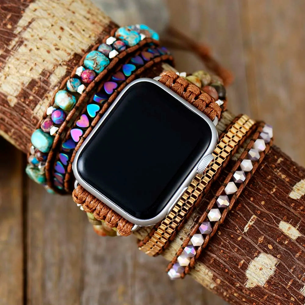 Boho Apple Watch Band - Agate Beaded Gold Blue Beads Wrist Bracelet Rope Strap