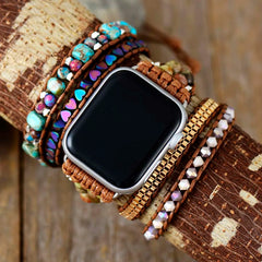 Boho Apple Watch Band - Agate Beaded Gold Blue Beads Wrist Bracelet Rope Strap