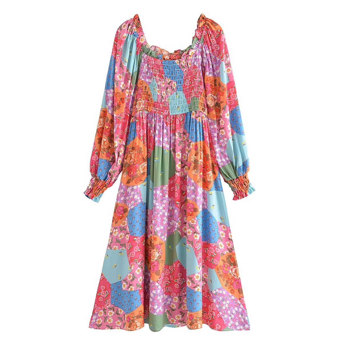 Boho Midi Dress, Sundress, Maryam in Orange, Green and Pink