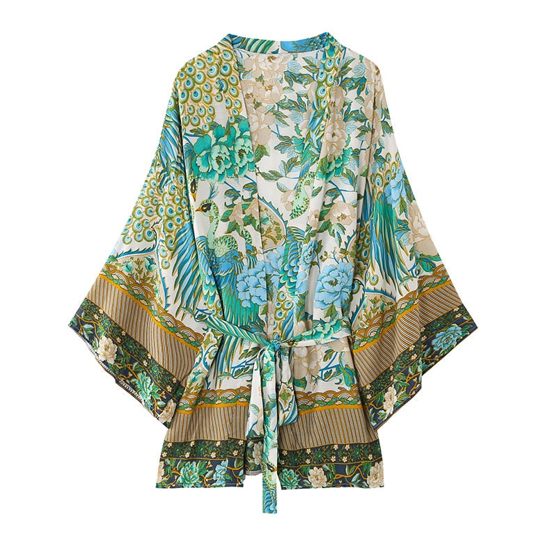 Boho Short Kimono Robe, Special Price, Dolores in Green, Brown and Black