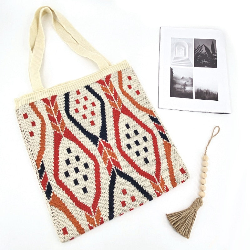 Boho Bag, Tote Bags, Crochet Tote, Knitted Shopper Handbags, Aztec Gypsy in 4 colors