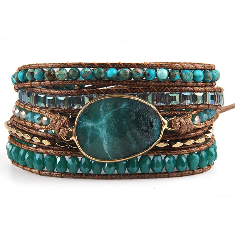 Boho Bracelet - RH 5-Layer Leather Wrap with Oval Pink Natural Stones