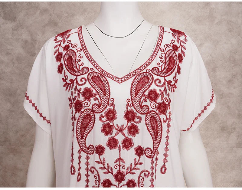 Boho Maxi Dress - Beach Dress, Kaftan Dress Vintage Embroidered in Myla Navy White and Black