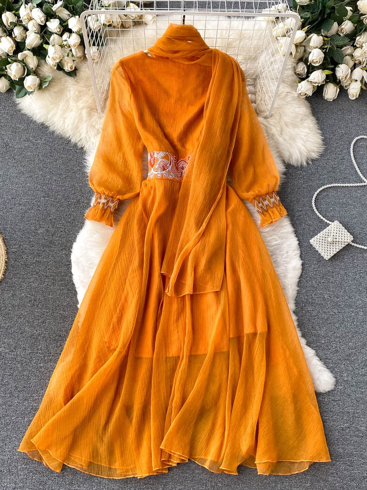 Maxi Dress with Matching Scarf, Boho Vintage Dress, Gown, Sahara in Gold