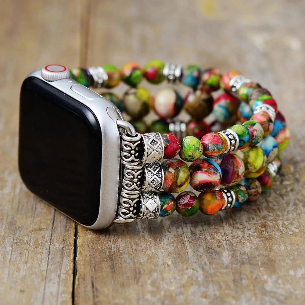 Boho Apple Watch Band - Silver Gothic Purple Jaspers Beads Wrist Stretch Bracelet