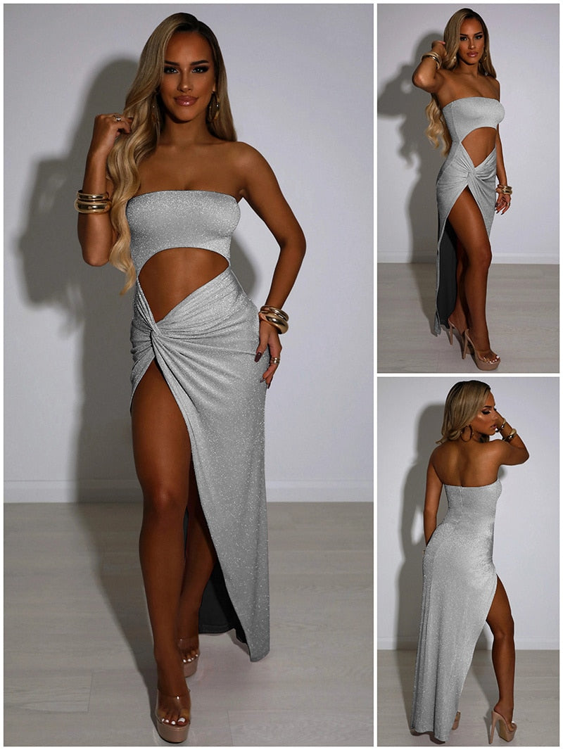 Boho Camis Dress, Party Bodycon Dress, Maxi Dress Hollow Out,  Glitter in Black and Silver