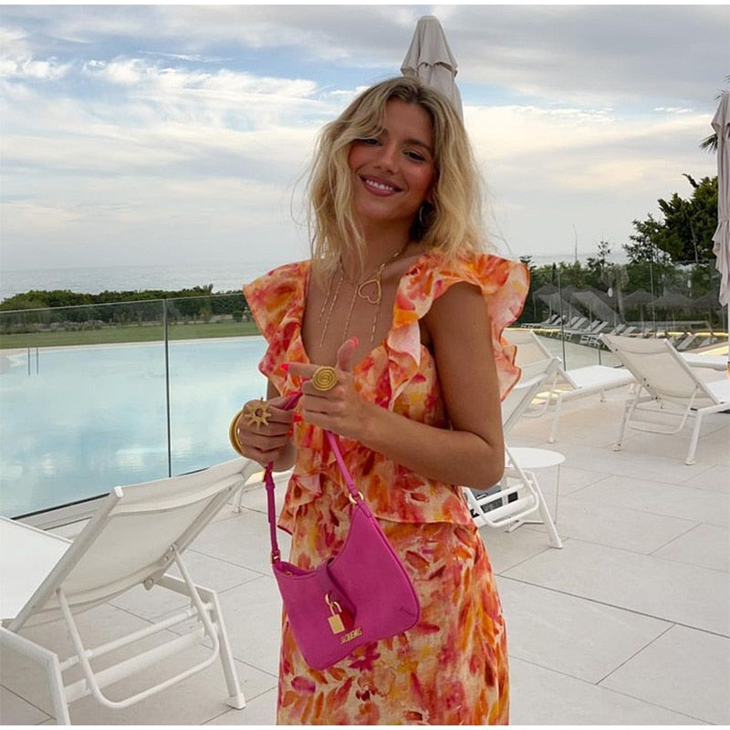 Boho Beach Dress - Ruffled Floral Dress for Your Summer Vacation Vibes - Tie Dye Orange Fall Leaf Delight