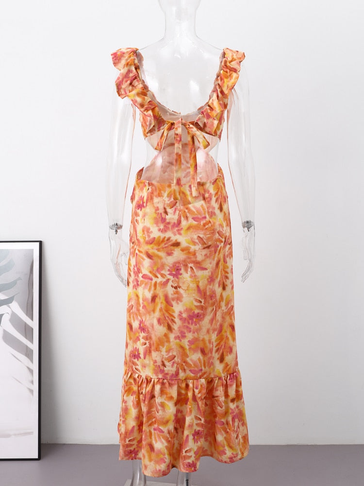 Boho Beach Dress - Ruffled Floral Dress for Your Summer Vacation Vibes - Tie Dye Orange Fall Leaf Delight