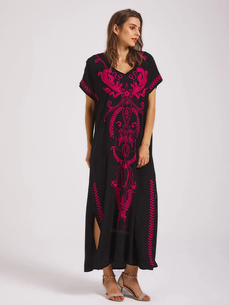 Boho Maxi Dress - Beach Dress, Kaftan Dress Vintage Embroidered in Myla Blue and Black