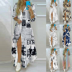 Single Breasted Button Lapel Long Sleeve Print Oversized Dress
