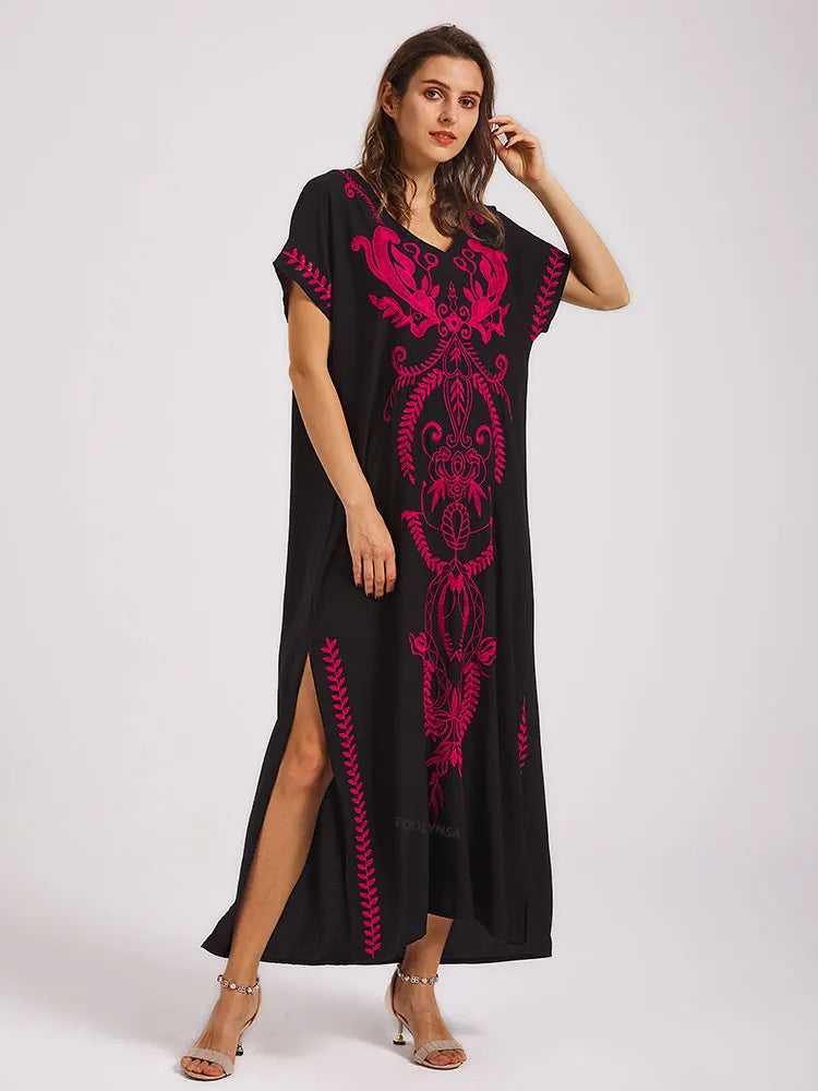Boho Maxi Dress - Beach Dress, Kaftan Dress Vintage Embroidered in Myla Blue and Black