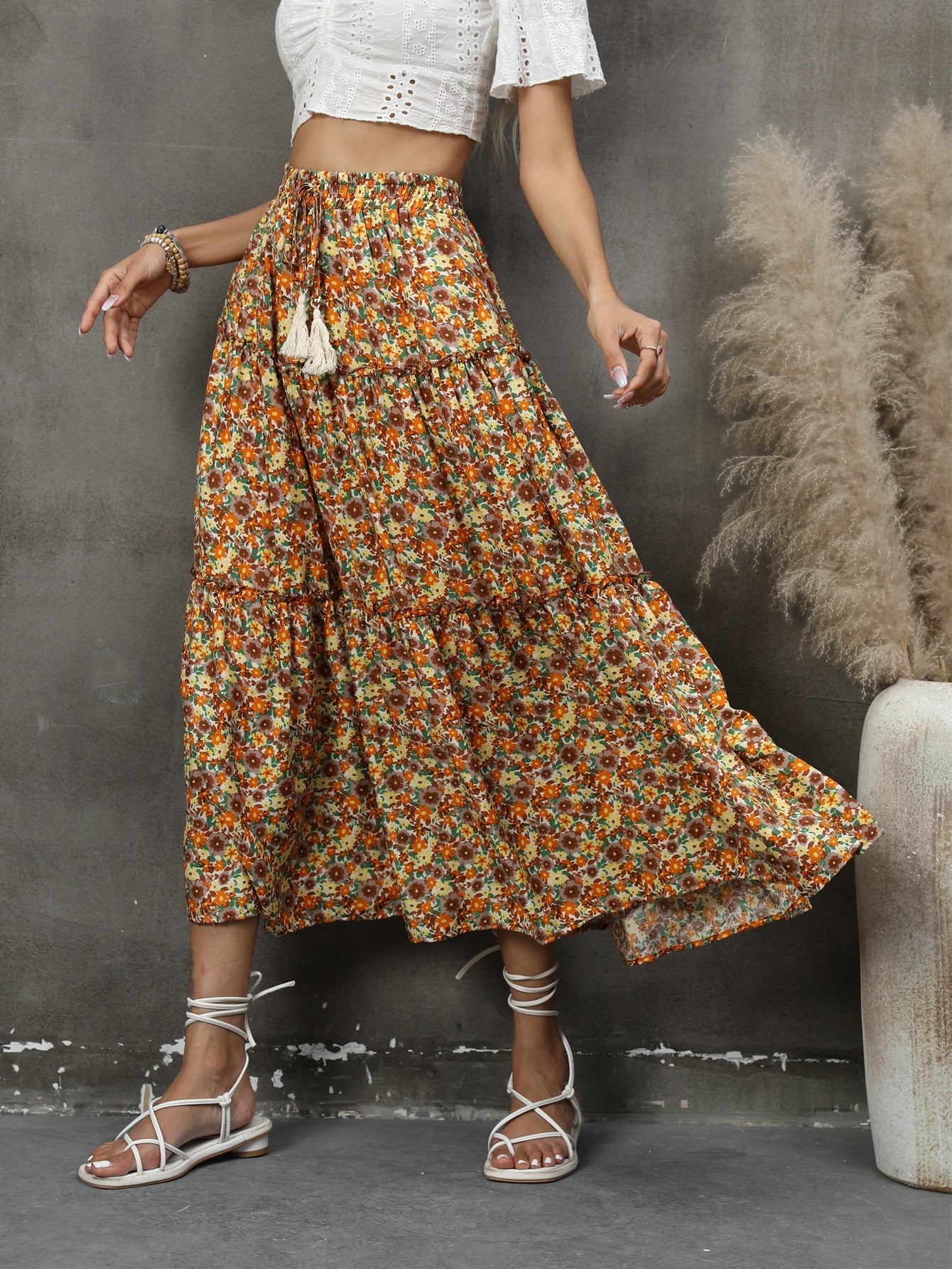 Boho Skirt, Hippie Skirts, Maxi Skirt, Flower Ruffle in Blue