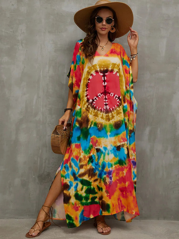 Boho Maxi Dress - Beach Dress, Kaftan Dress Tie dried Dream in Orange
