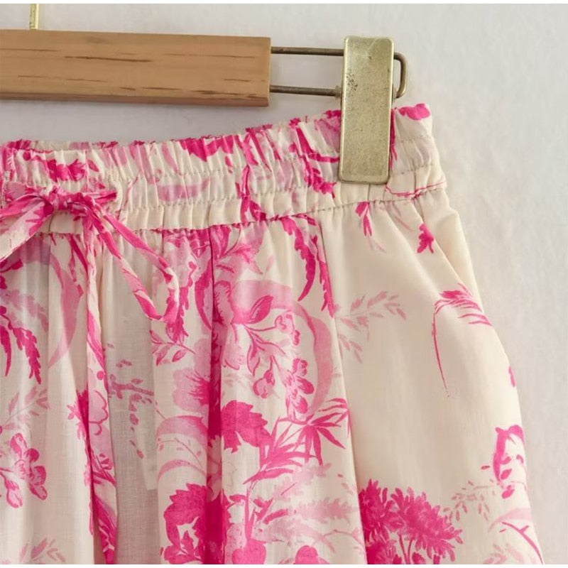 Boho Two Piece Set - Crop Top and Skirt for Summer Vacation Beach Vibes Pink Garden