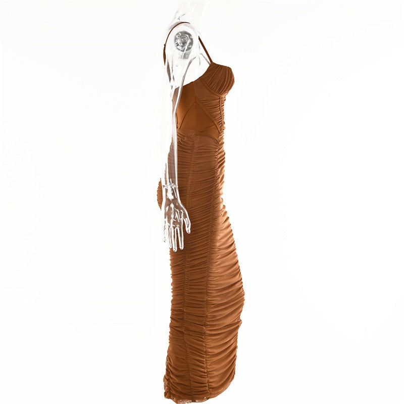 Boho Camis Dress, Party Bodycon Dress, Corset Ruched Maxi Dress, Claire in  Black and Brown