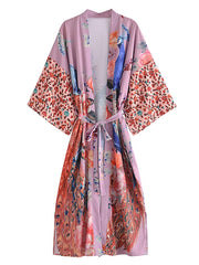 Boho Robe, Kimono Robe,  Beach Cover up, Peacock in White and Pink