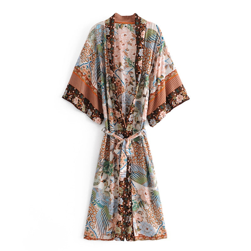 Boho Robe, Kimono Robe,  Beach Cover up, Beige Flamingo
