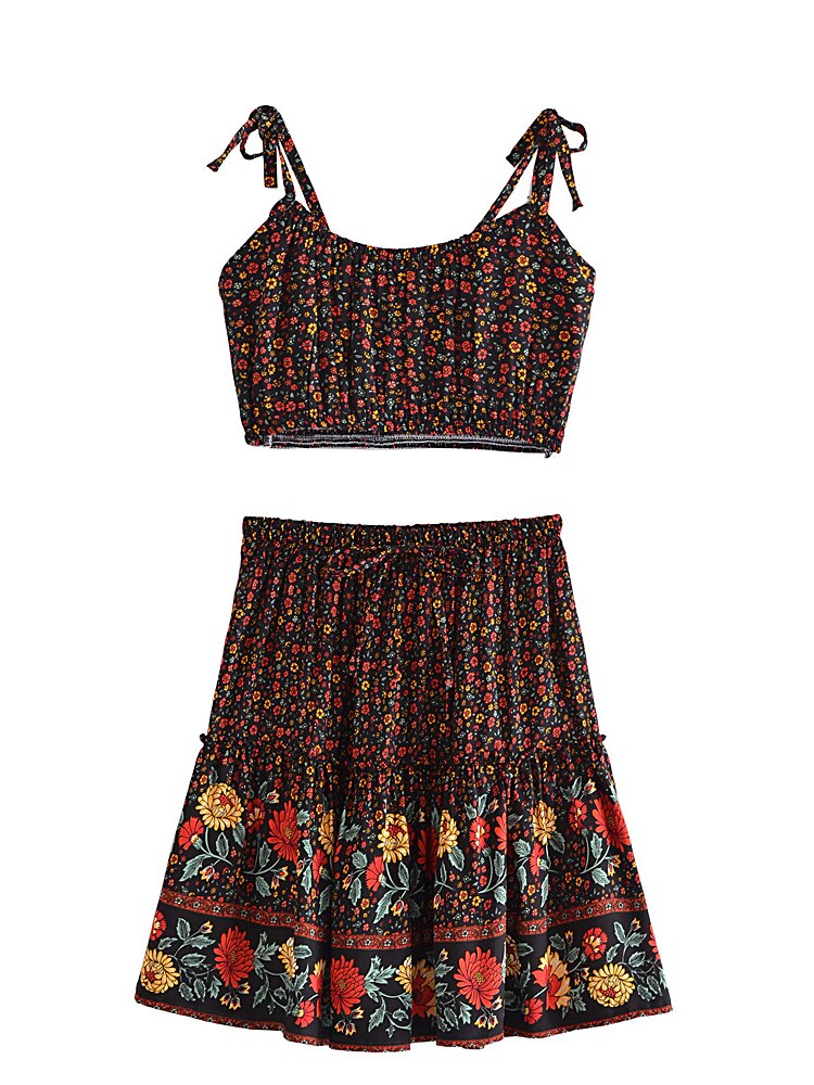 Boho Two Piece Set, Crop Top and Mini Skirt, Sierra Pansy in Red, Black and Green