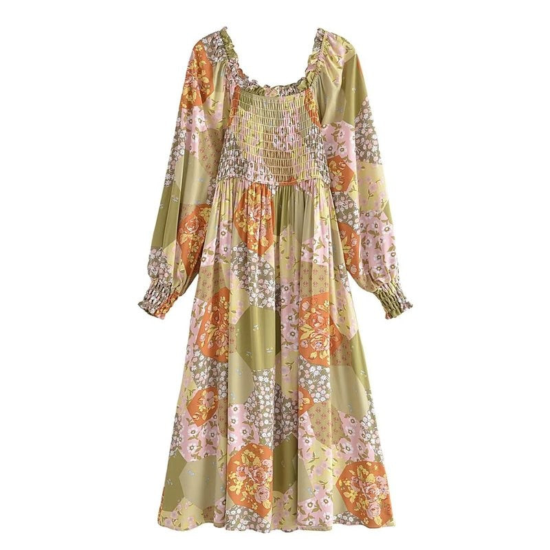 Boho Midi Dress, Sundress, Maryam in Orange, Green and Pink