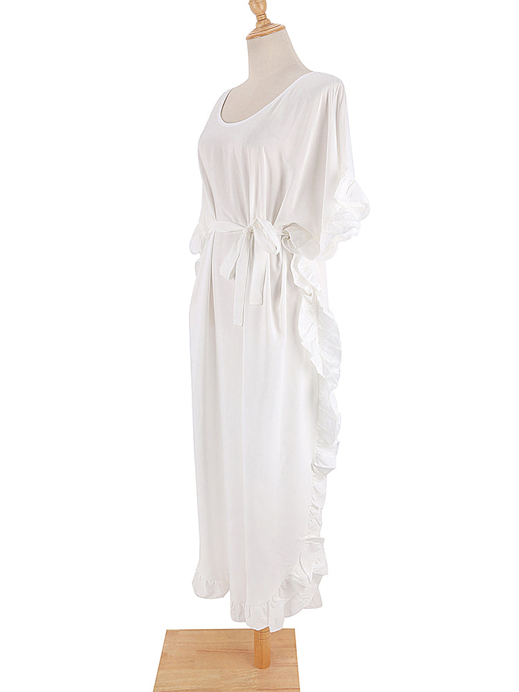 Boho Maxi Dress, Beach Dress,Kaftan Ruffle Dress, Wren White