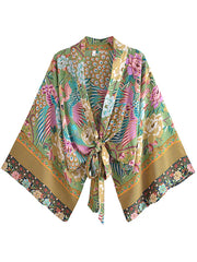 Boho Kimono Robe - Beach Cover-up in Peacock Green Gold