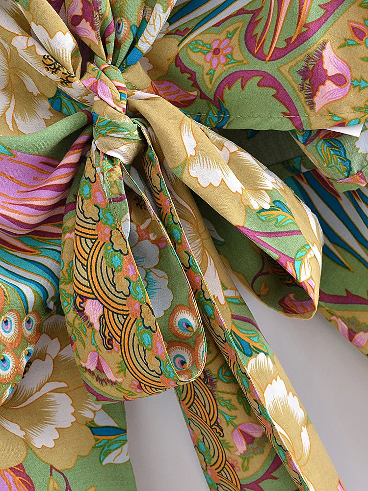 Boho Kimono Robe - Beach Cover-up in Peacock Green Gold