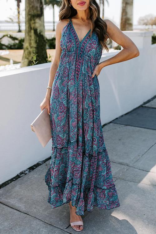 V-Neck Paisley Print Suspender Dress