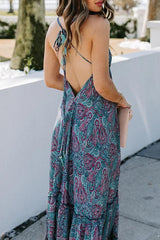 V-Neck Paisley Print Suspender Dress