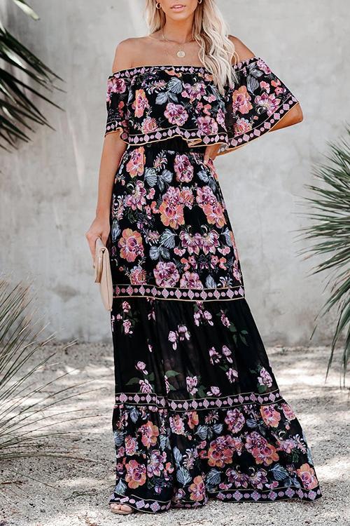 One-Shoulder Ruffled Flower Print Maxi Dress