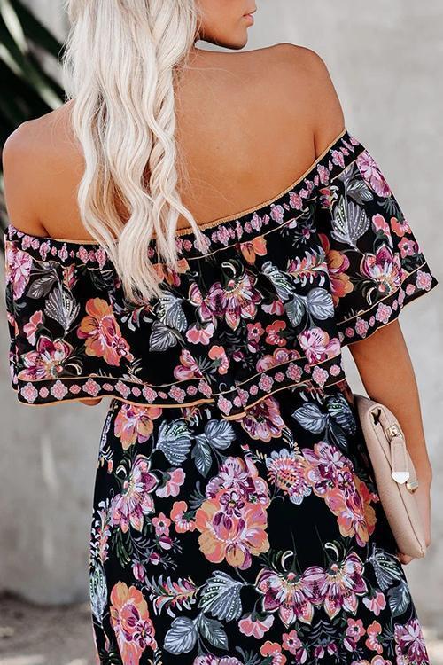 One-Shoulder Ruffled Flower Print Maxi Dress