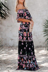 One-Shoulder Ruffled Flower Print Maxi Dress