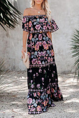 One-Shoulder Ruffled Flower Print Maxi Dress