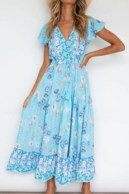 V-Neck Button Blue Floral Dress