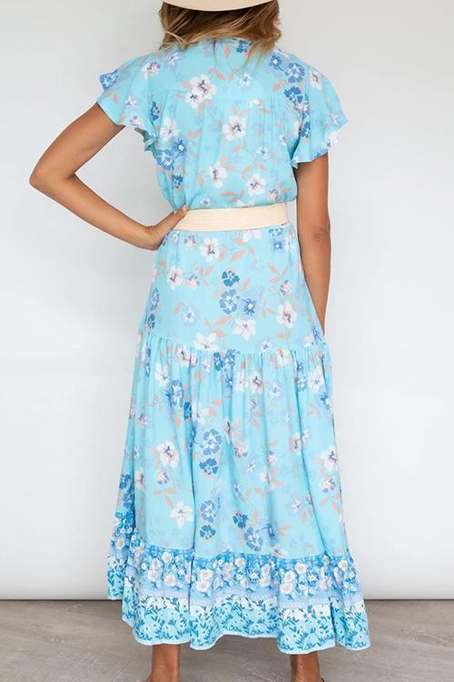 V-Neck Button Blue Floral Dress