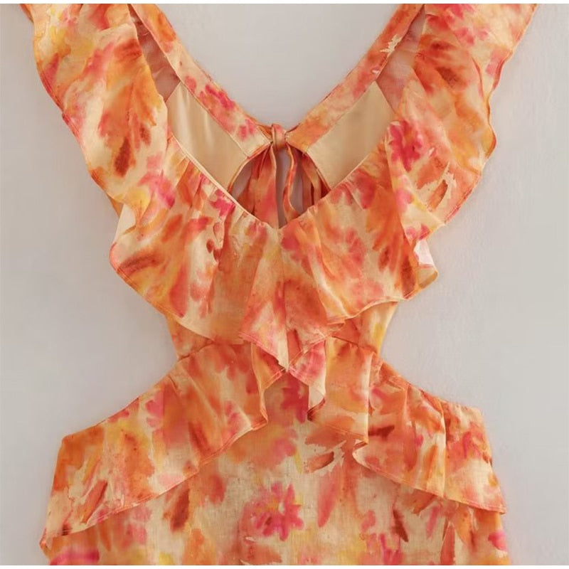 Boho Beach Dress - Ruffled Floral Dress for Your Summer Vacation Vibes - Tie Dye Orange Fall Leaf Delight