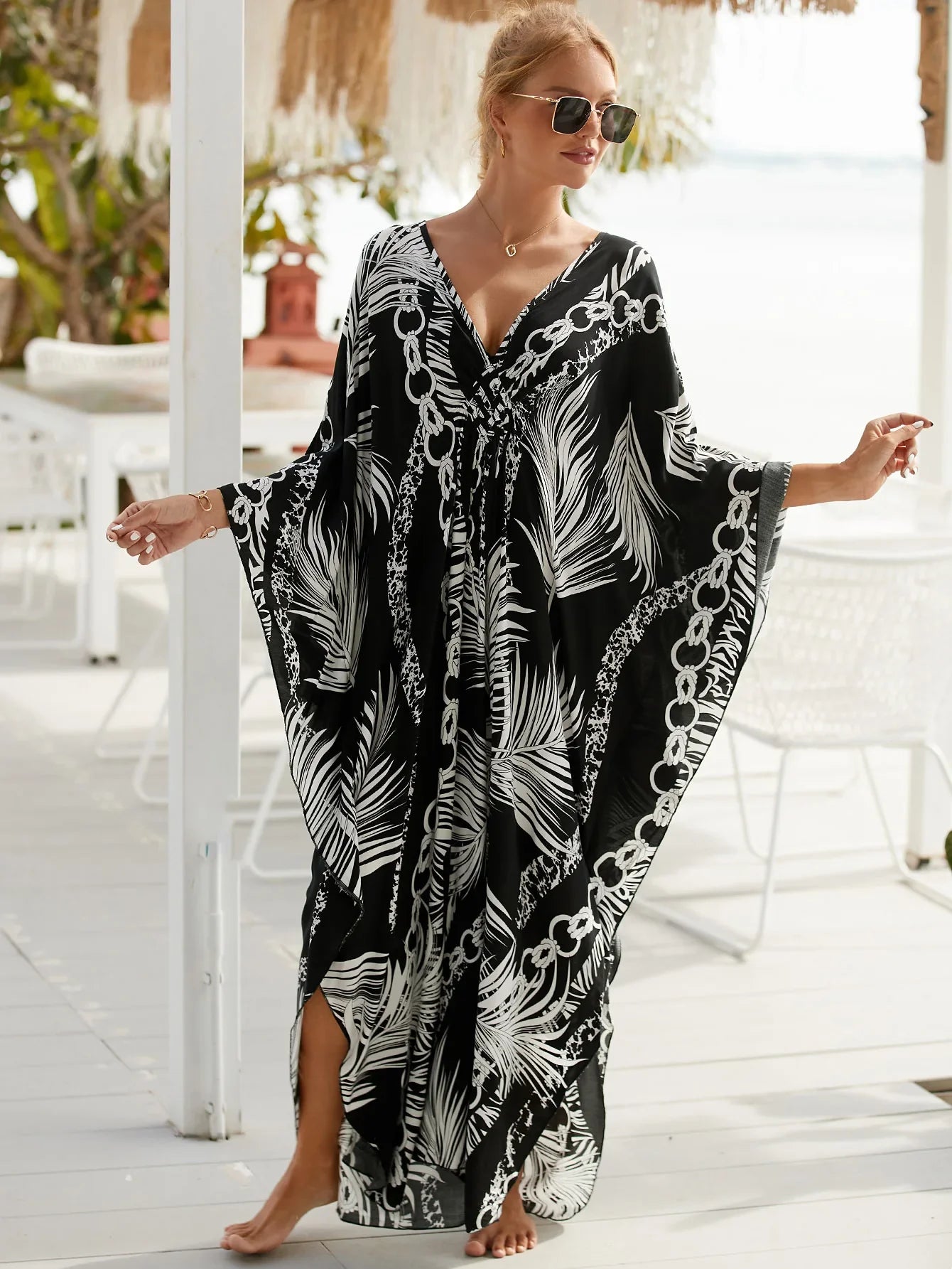 Boho Maxi Dress - Beach Dress, Kaftan Dress Vintage Embroidered in Danica Black Leaf
