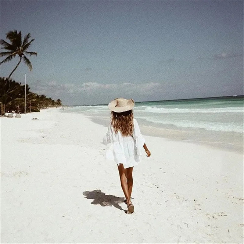 Boho Mini Dress - Beach Tunic - White Yuka