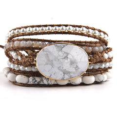 Boho Bracelet - RH 5-Layer Leather Wrap with Oval Nyx Natural Stones