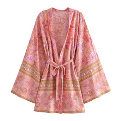 Boho Robe, Kimono Robe,  Beach Cover up, Short Robe, Eulalie in Green and Pink