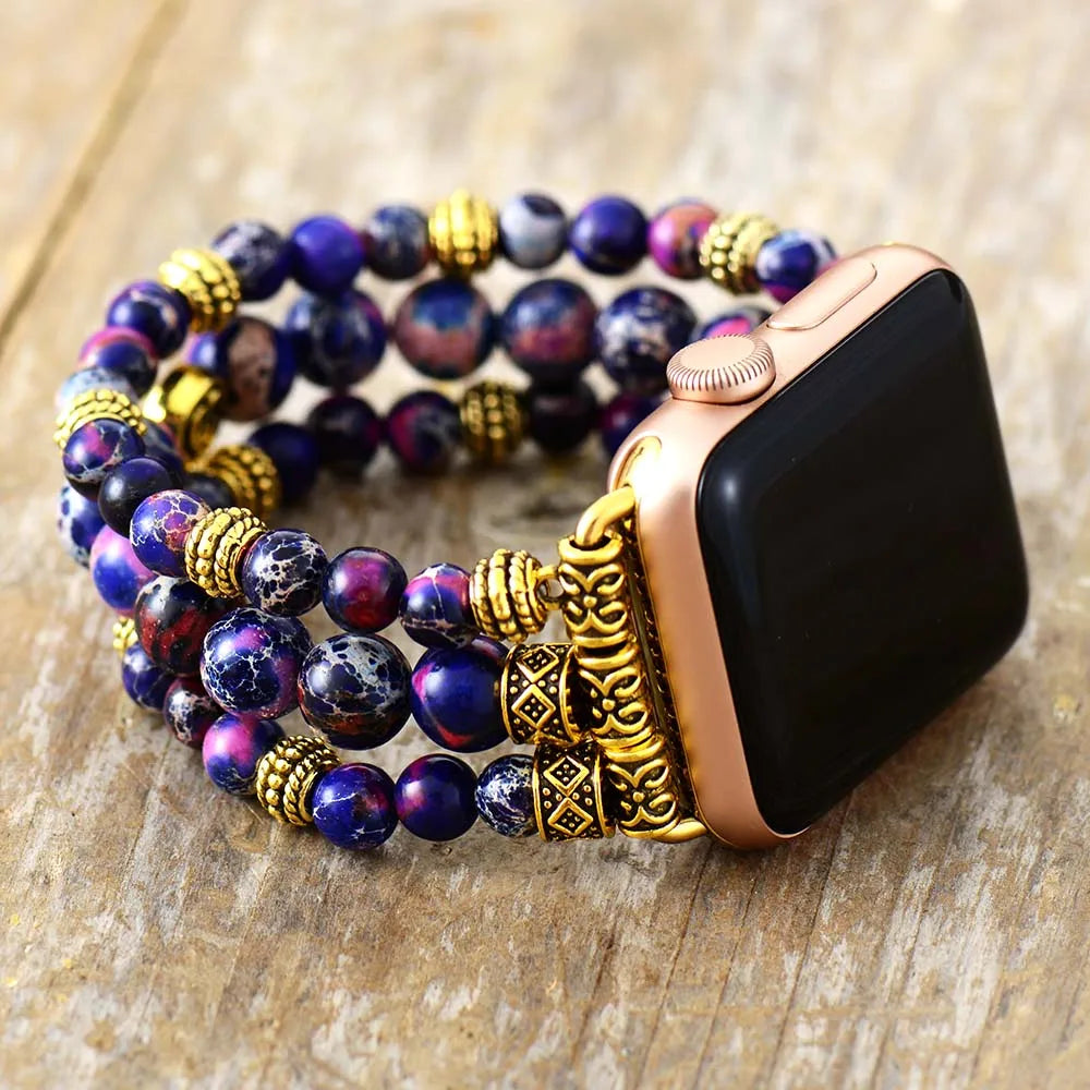 Boho Apple Watch Band - Gold Imperial Jaspers Beads Wrist Stretch Bracelet
